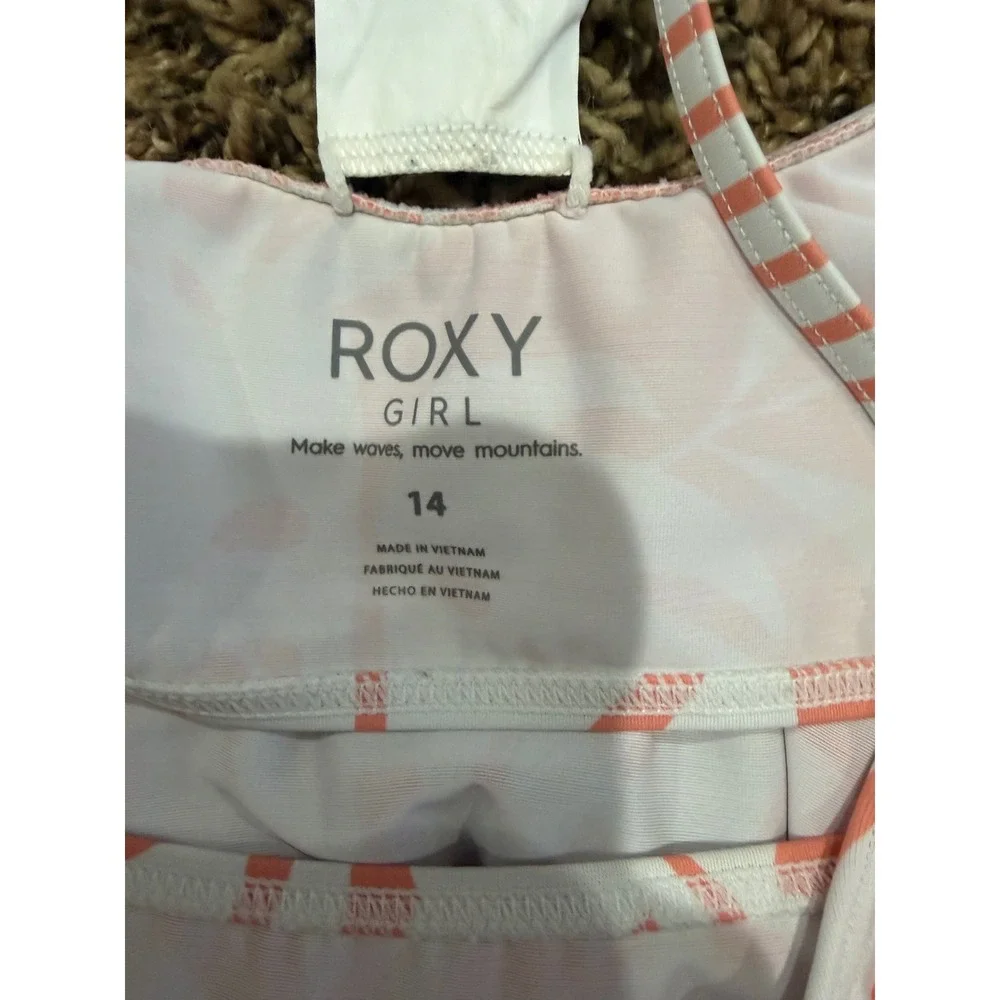 Roxy Girl Kids Size 14 Two Piece Bikini Swimsuit Coral White Floral Striped